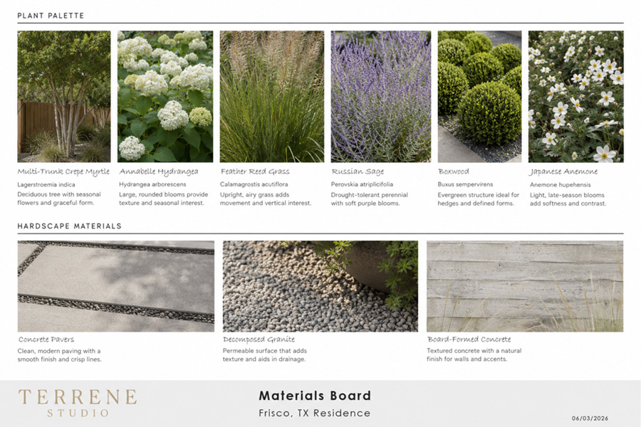 Landscape material board with planting and hardscape samples